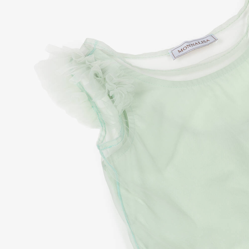 Monnalisa-فستان بطبقات تول قطن لون أخضر فاتح للبنات | Childrensalon