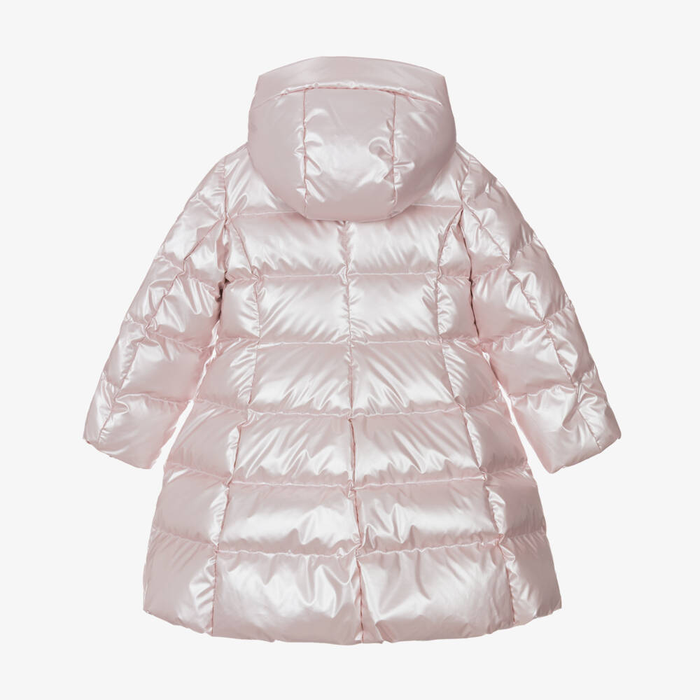 Monnalisa-Girls Pearly Pink Hooded Down Puffer Coat | Childrensalon