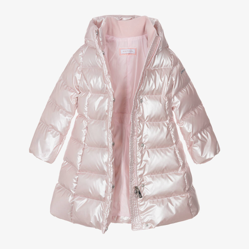 Monnalisa-Girls Pearly Pink Hooded Down Puffer Coat | Childrensalon