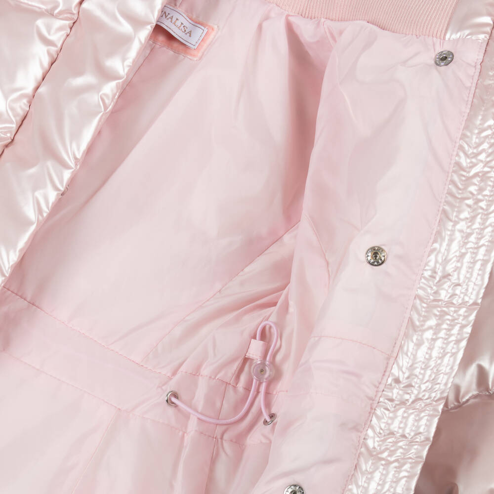 Monnalisa-Girls Pearly Pink Hooded Down Puffer Coat | Childrensalon