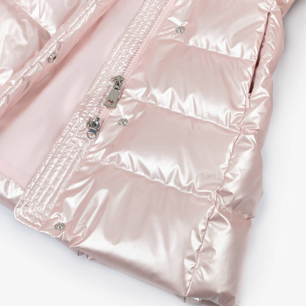 Monnalisa-Girls Pearly Pink Hooded Down Puffer Coat | Childrensalon