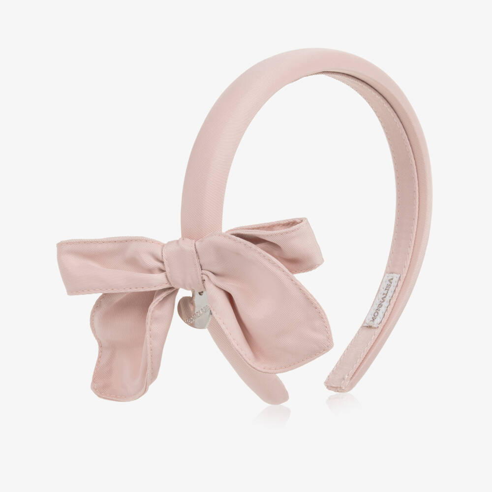 Monnalisa-Girls Pink Bow Hairband with Silver Logo Charm | Childrensalon