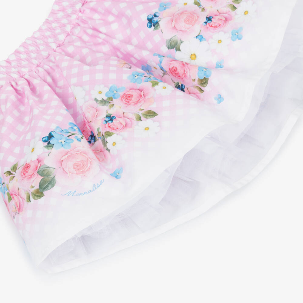 Monnalisa-Girls Pink Check & Floral Cotton Skirt | Childrensalon