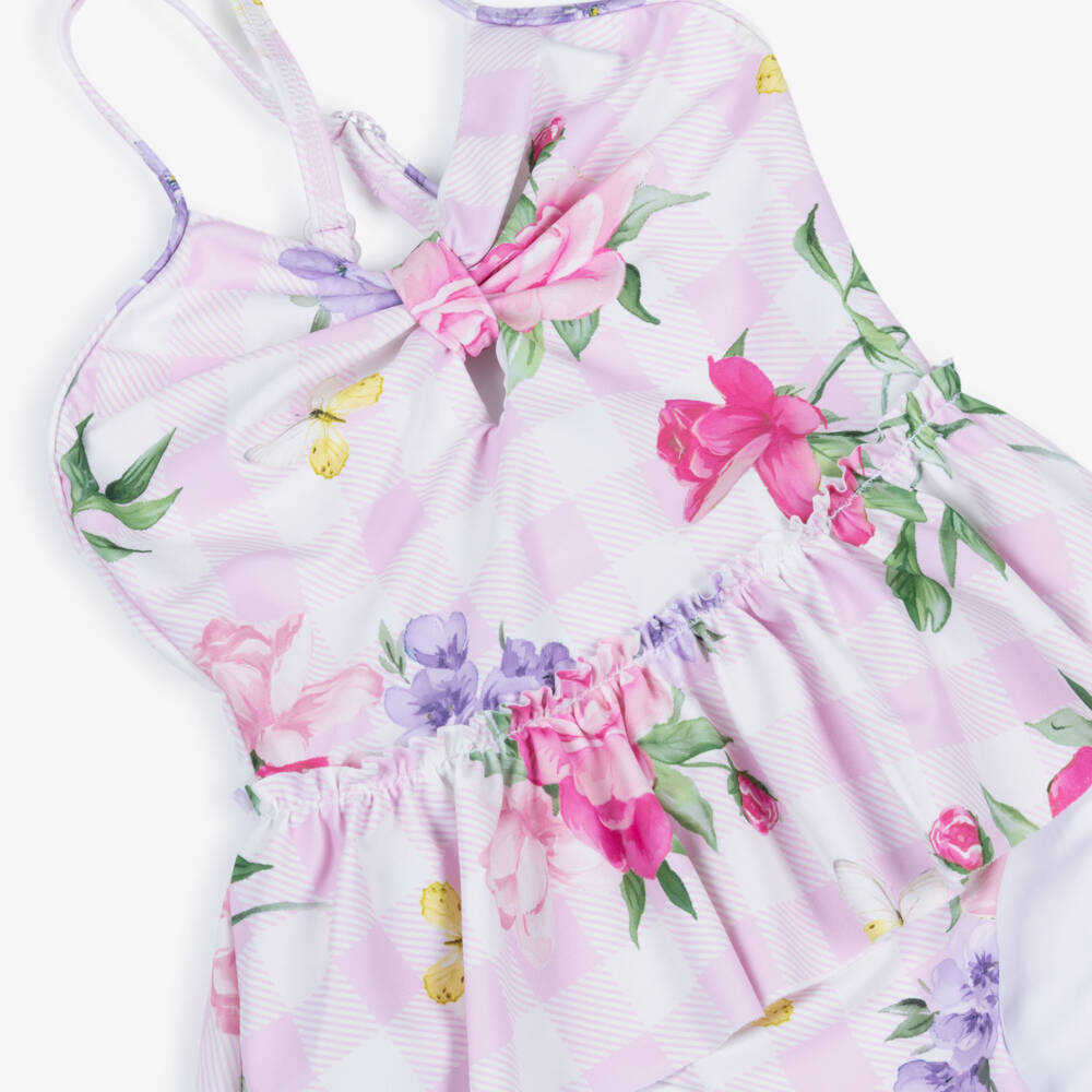 Monnalisa-Girls Pink Check & Floral Print Swim Suit | Childrensalon