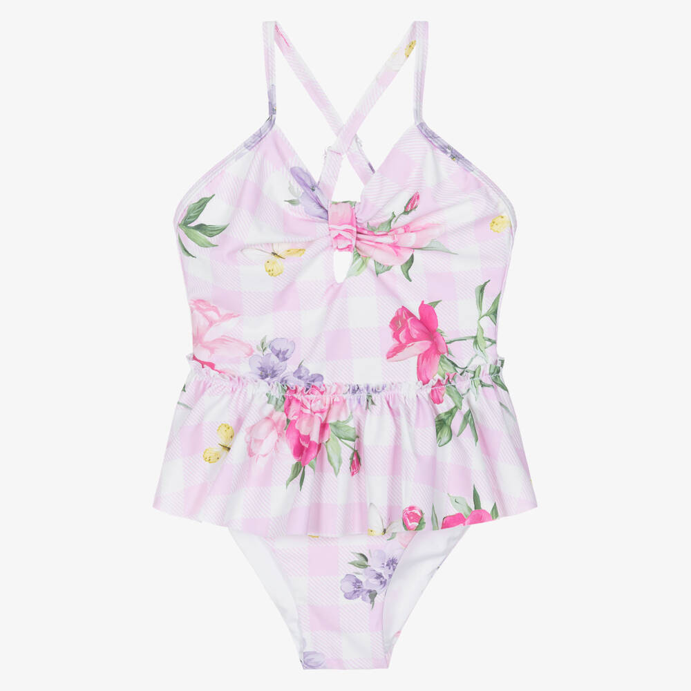 Monnalisa-Girls Pink Check & Floral Print Swim Suit | Childrensalon