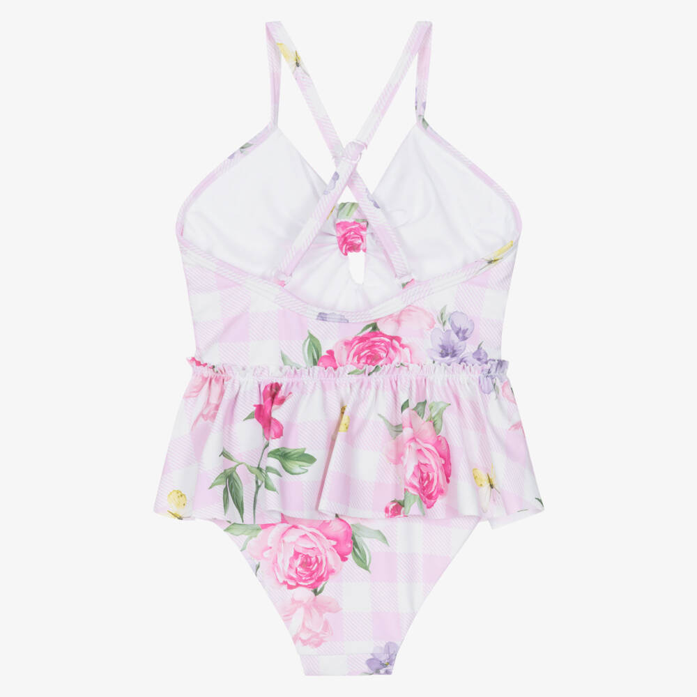 Monnalisa-Girls Pink Check & Floral Print Swim Suit | Childrensalon