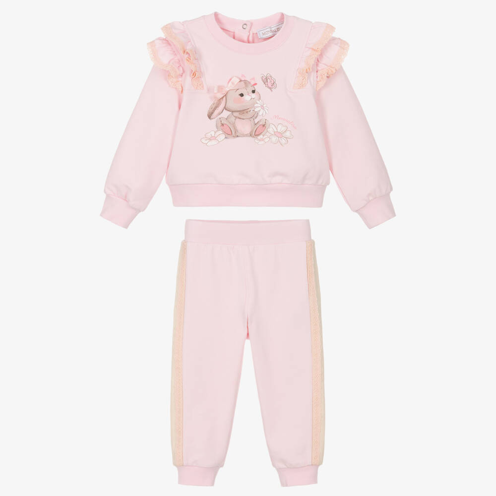 Monnalisa-Girls Pink Cotton Bunny Print Tracksuit with Lace Trims | Childrensalon