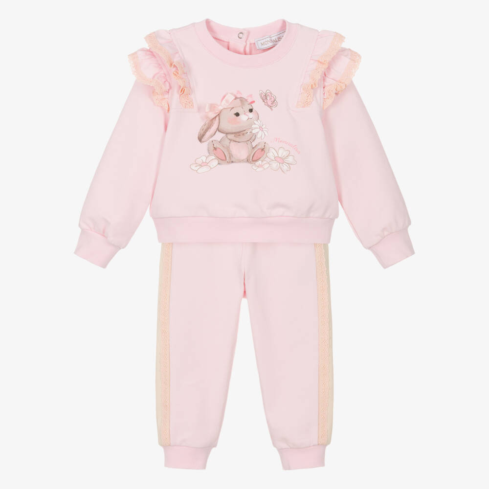 Monnalisa-Girls Pink Cotton Bunny Print Tracksuit with Lace Trims | Childrensalon