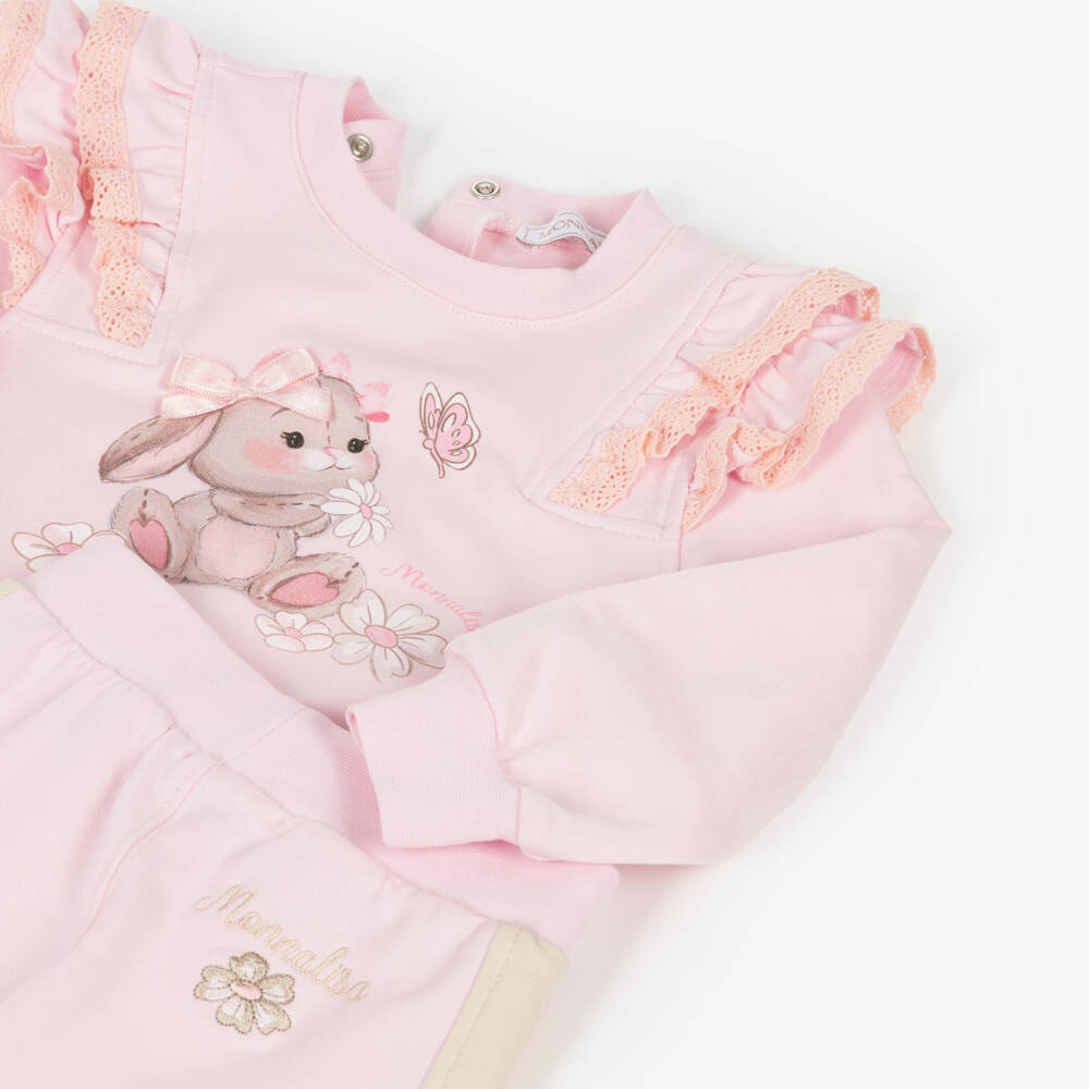 Monnalisa-Girls Pink Cotton Bunny Print Tracksuit with Lace Trims | Childrensalon