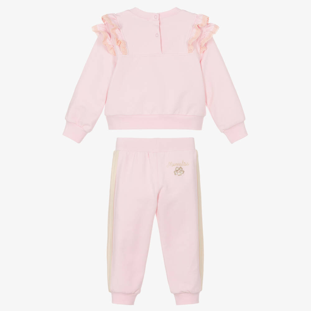 Monnalisa-Girls Pink Cotton Bunny Print Tracksuit with Lace Trims | Childrensalon