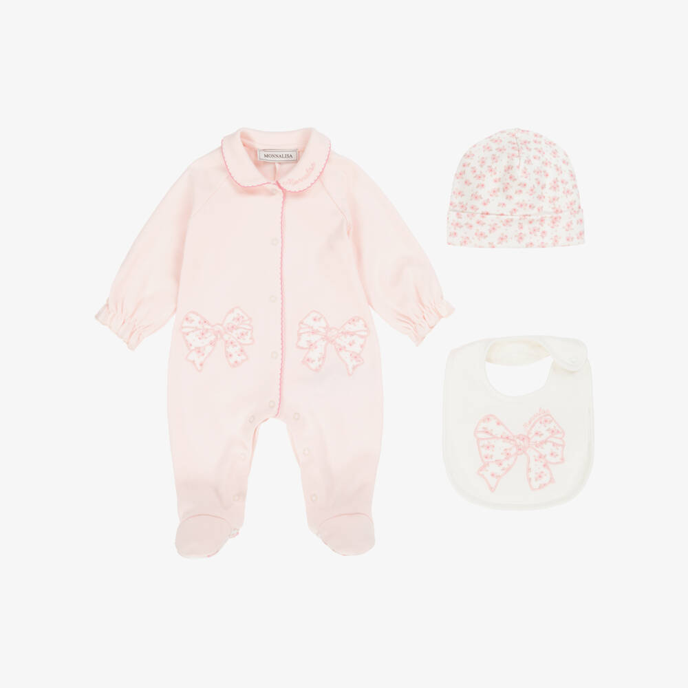 Monnalisa-Girls Pink Cotton Floral Bow Babysuit Set | Childrensalon