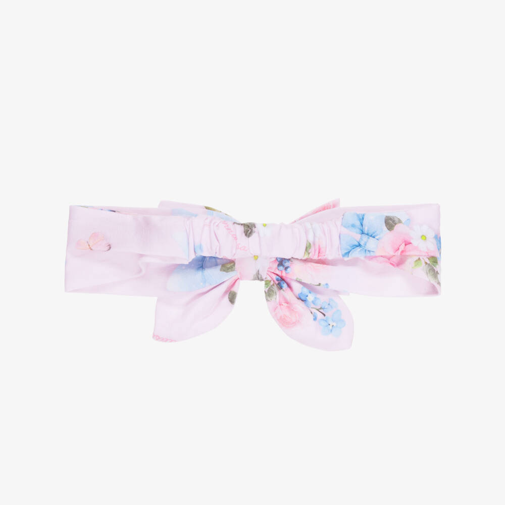 Monnalisa-Girls Pink Cotton Floral Print Bow Headband | Childrensalon