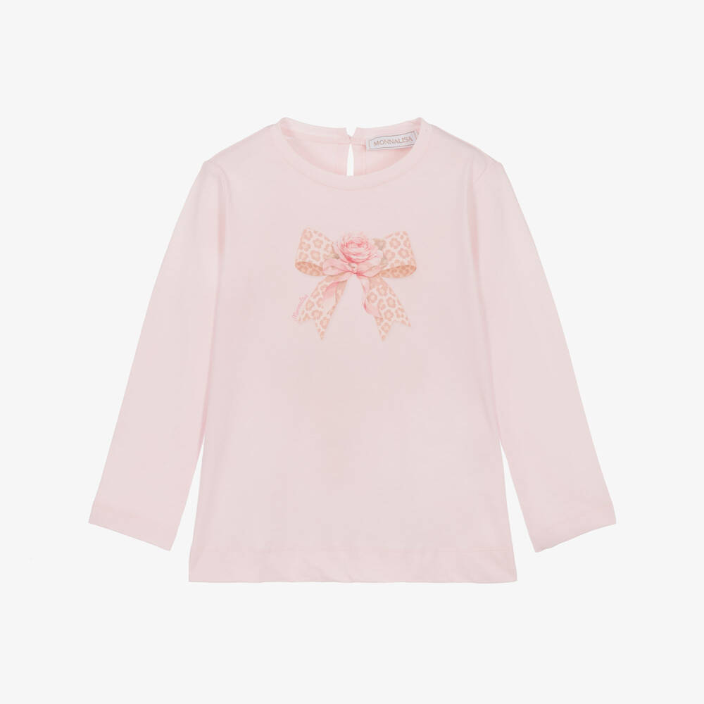 Monnalisa-Girls Pink Cotton Jersey Top with Leopard Bow | Childrensalon