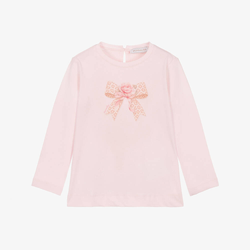 Monnalisa-Girls Pink Cotton Jersey Top with Leopard Bow | Childrensalon