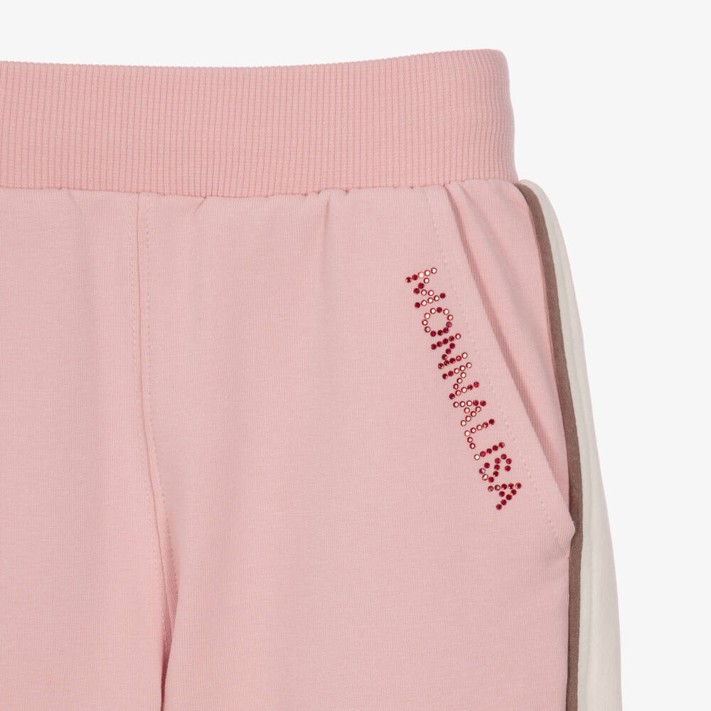 Monnalisa-Girls Pink Cotton Joggers with Diamanté Logo | Childrensalon