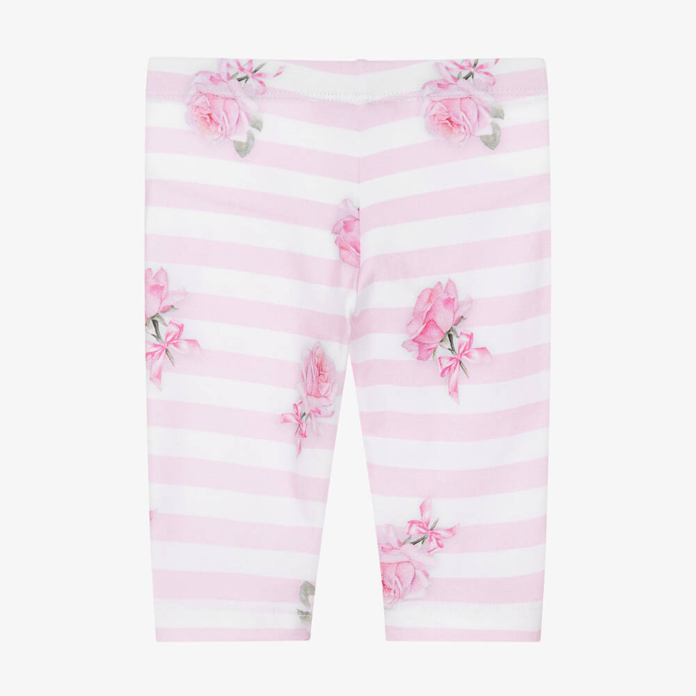 Monnalisa-Girls Pink Cotton Rose Striped Leggings | Childrensalon