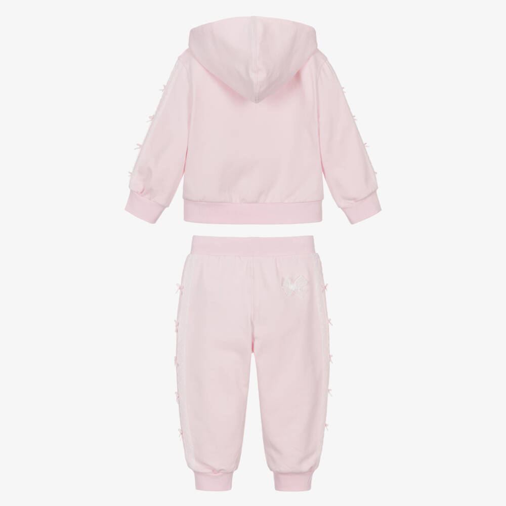 Monnalisa-Girls Pink Cotton Tracksuit with Lace & Bow Trims | Childrensalon