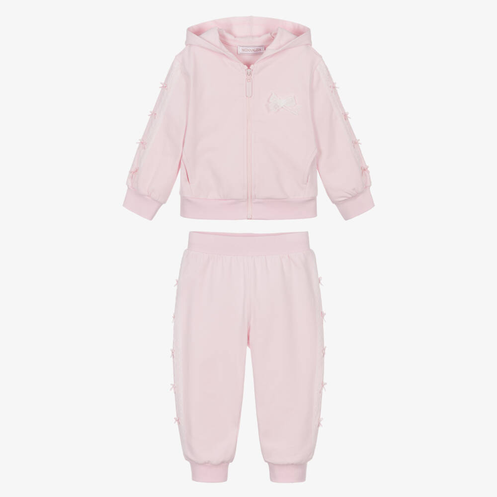 Monnalisa-Girls Pink Cotton Tracksuit with Lace & Bow Trims | Childrensalon