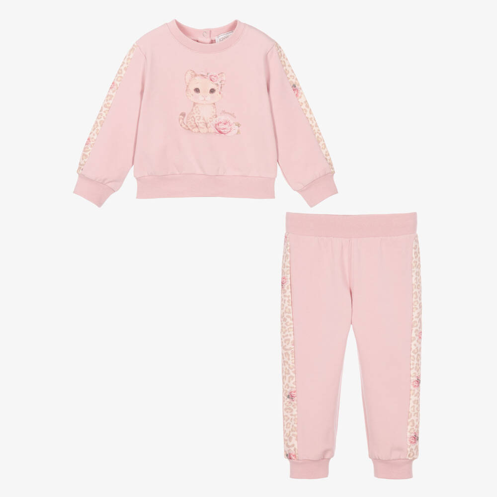 Monnalisa-Girls Pink Cotton Tracksuit with Little Leopard Graphic | Childrensalon