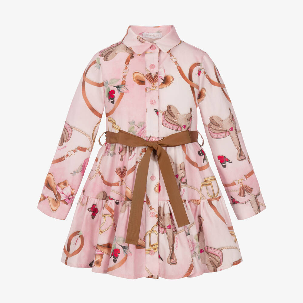 Monnalisa-Girls Pink Cowgirl Print Dress in Cotton Poplin | Childrensalon