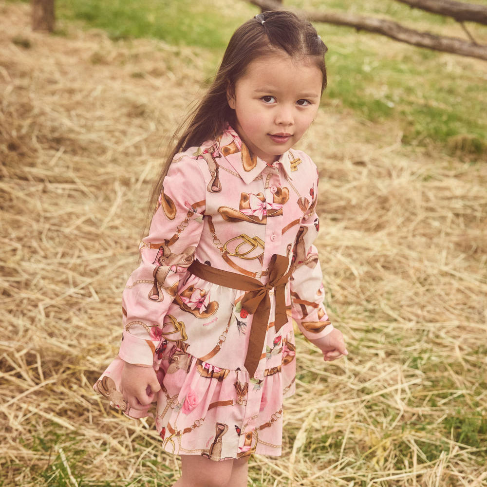 Monnalisa-Girls Pink Cowgirl Print Dress in Cotton Poplin | Childrensalon