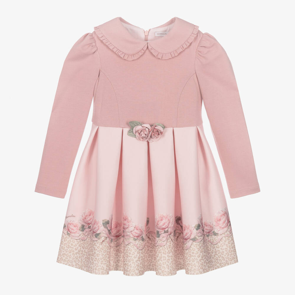 Monnalisa-Girls Pink Dress with Leopard Print Hem | Childrensalon