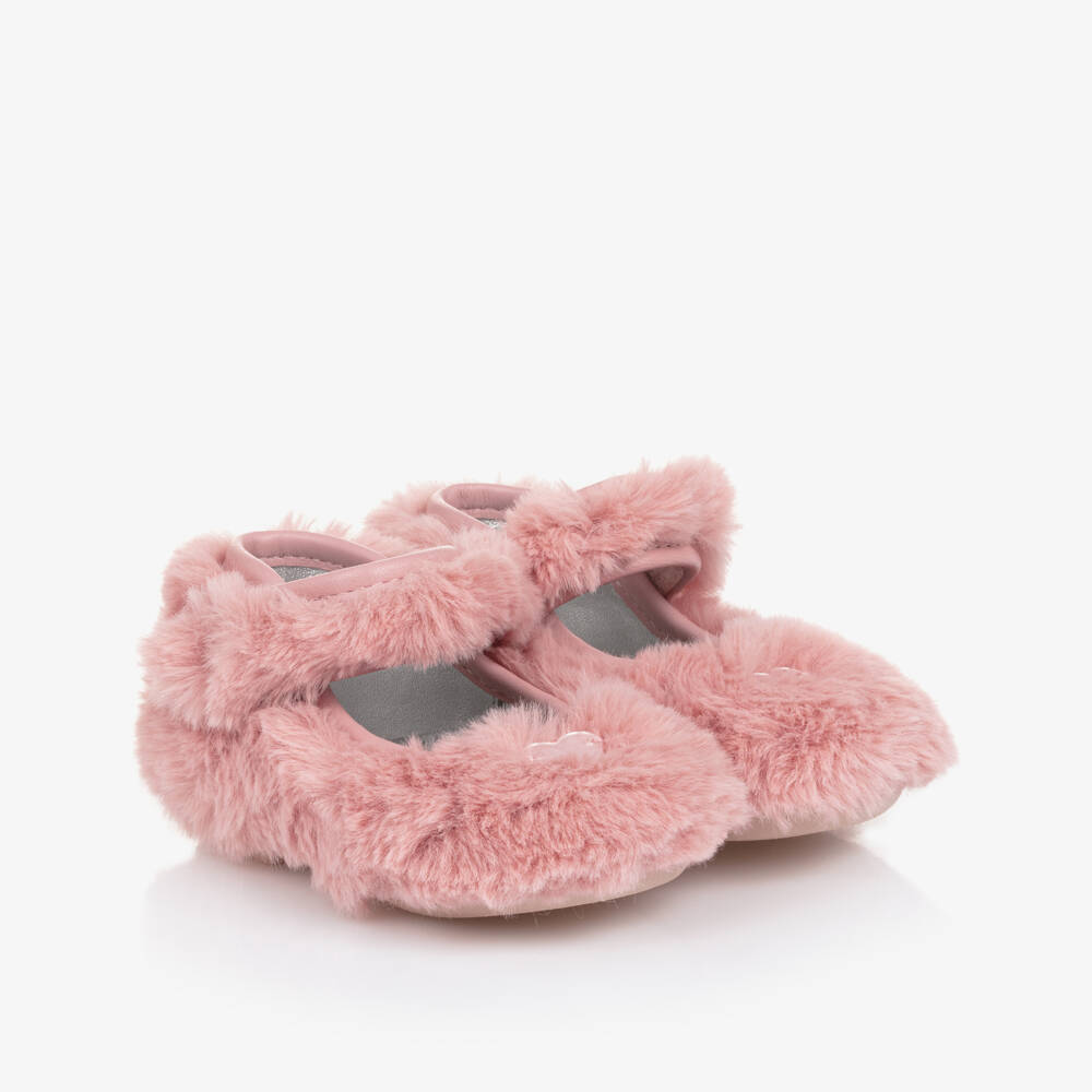 Monnalisa-Girls Pink Faux Fur Ballerina Pumps | Childrensalon