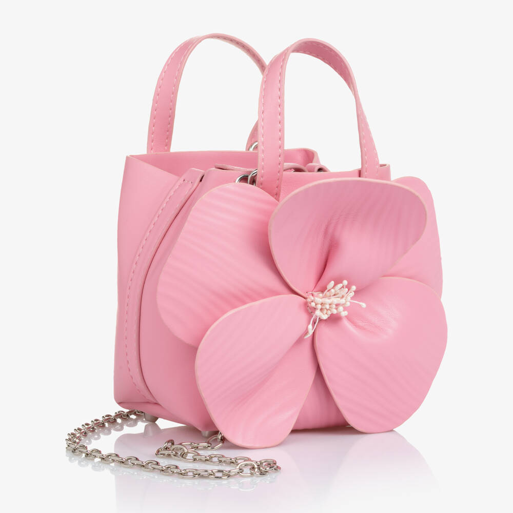 Monnalisa Chic-Girls Pink Faux Leather Flower Handbag (14cm) | Childrensalon