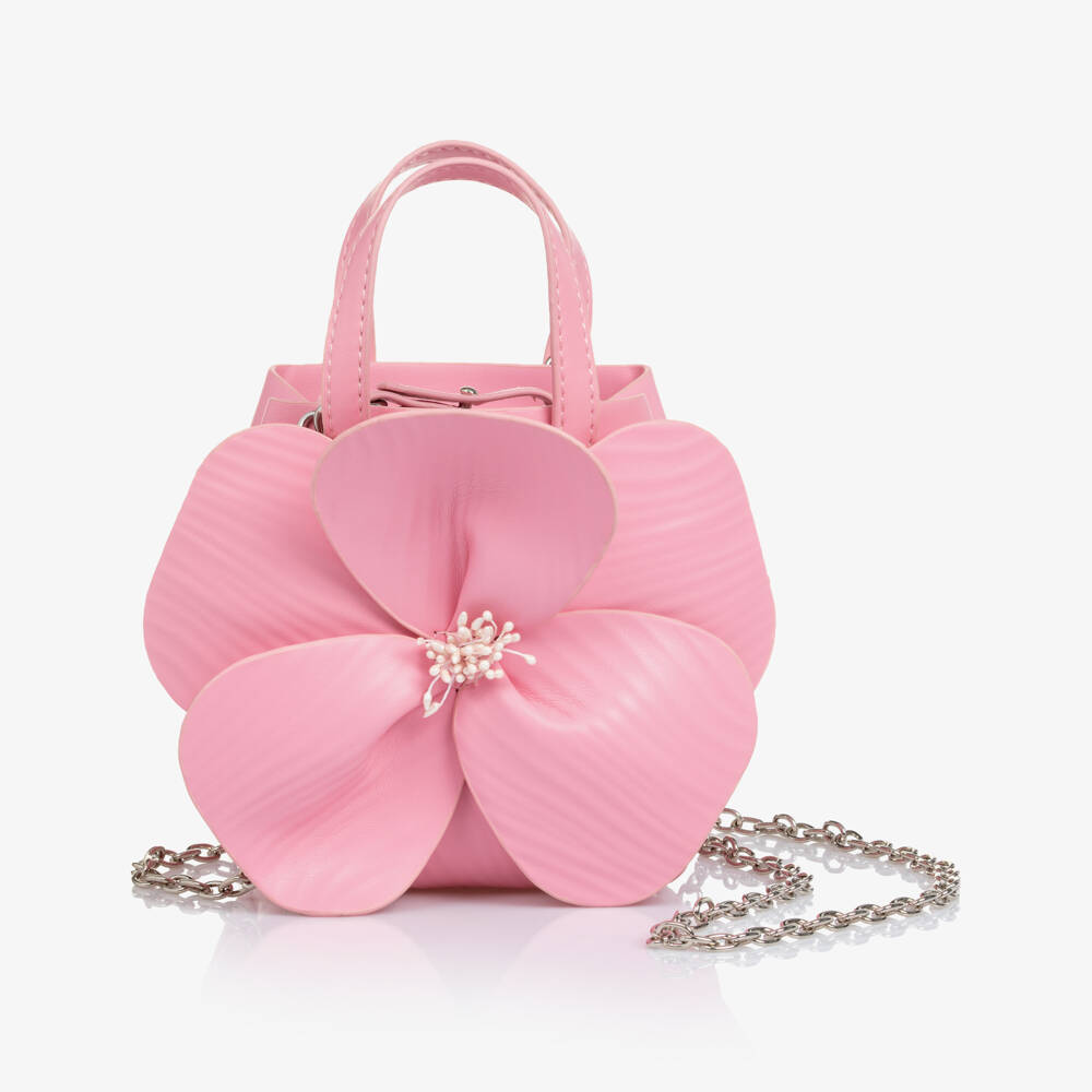 Monnalisa Chic-Girls Pink Faux Leather Flower Handbag (14cm) | Childrensalon