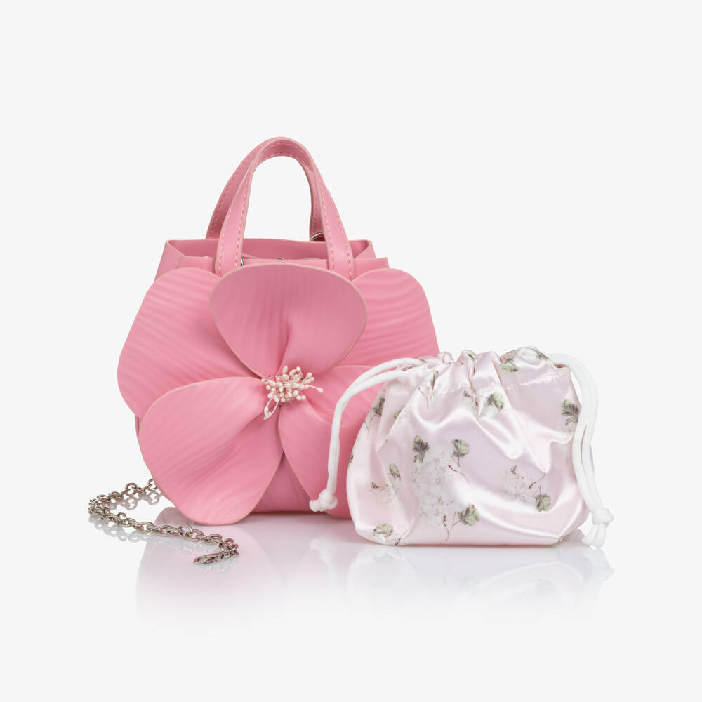 Monnalisa Chic-Girls Pink Faux Leather Flower Handbag (14cm) | Childrensalon