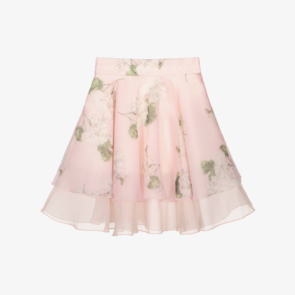 Monnalisa Chic-Girls Pink Floral Organza Tiered Skirt | Childrensalon