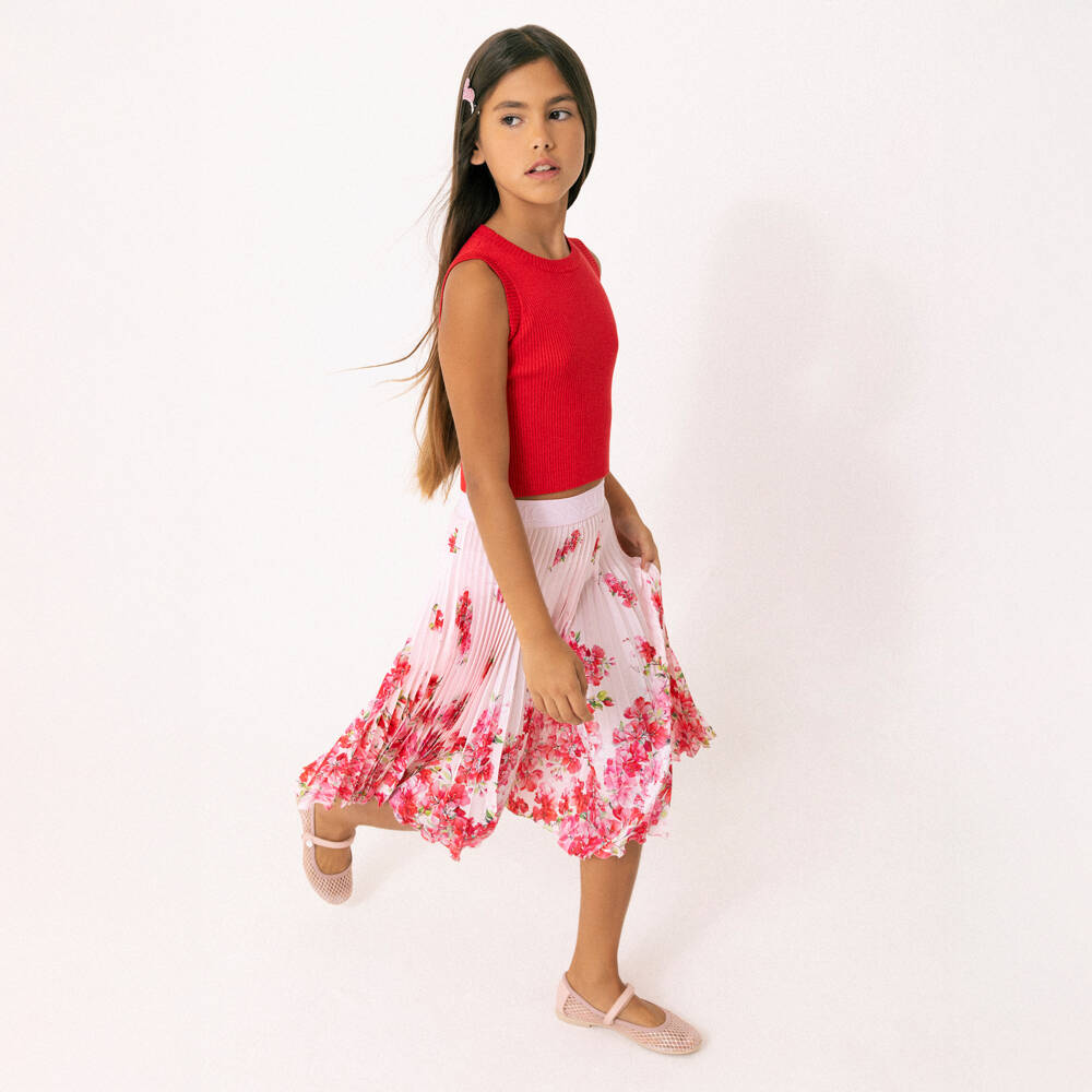 Monnalisa Chic-Girls Pink Floral Plissé Satin Skirt | Childrensalon