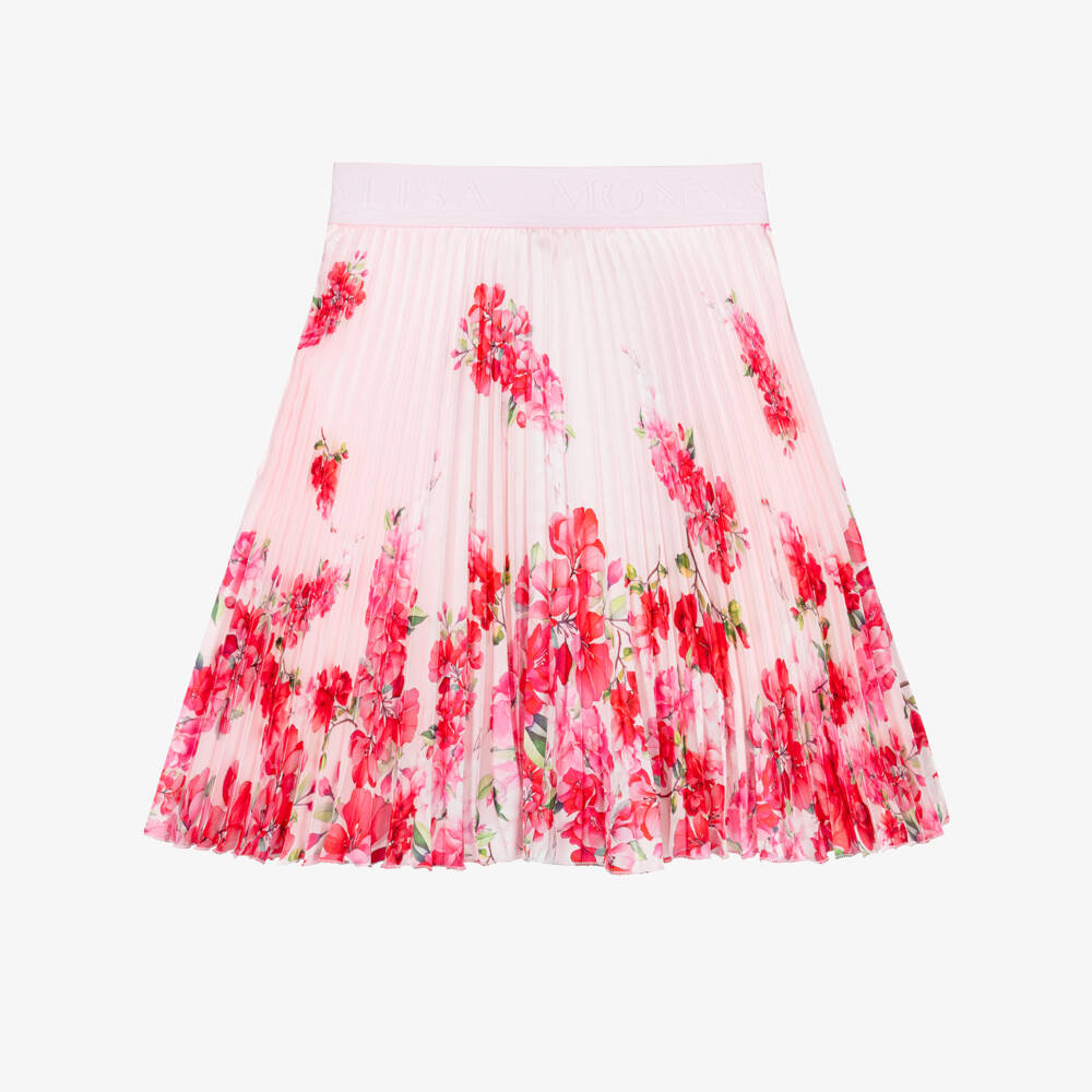 Monnalisa Chic-Girls Pink Floral Plissé Satin Skirt | Childrensalon