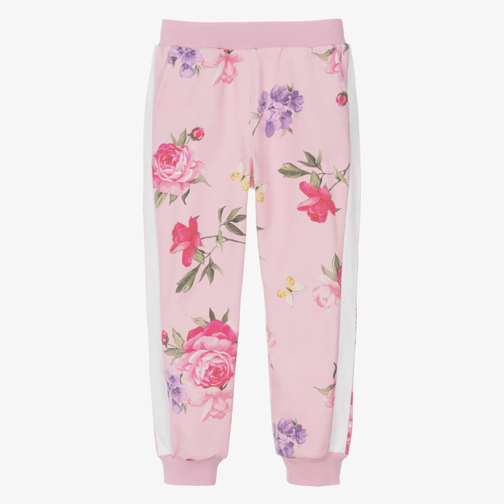 Monnalisa-Girls Pink Floral Print Cotton Jersey Joggers | Childrensalon