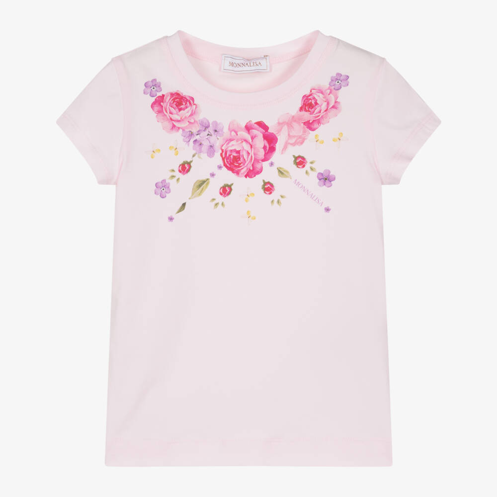 Monnalisa-Girls Pink Floral Print Cotton T-Shirt | Childrensalon