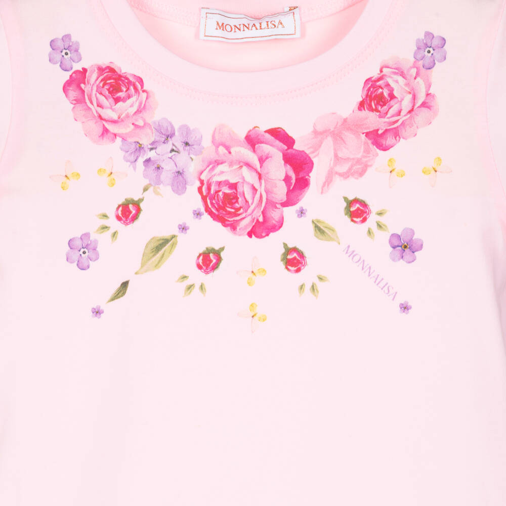 Monnalisa-Girls Pink Floral Print Cotton T-Shirt | Childrensalon