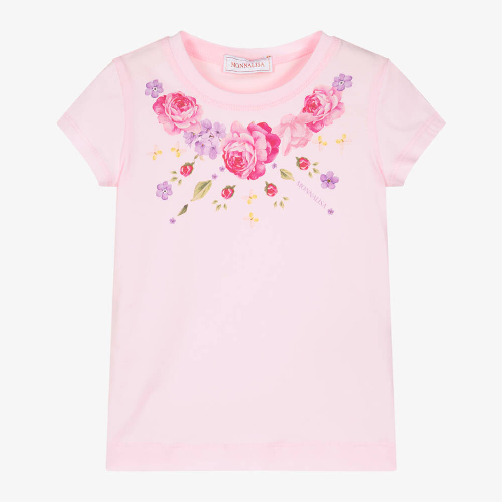 Monnalisa-تيشيرت قطن بطبعة ورود لون زهري للبنات | Childrensalon