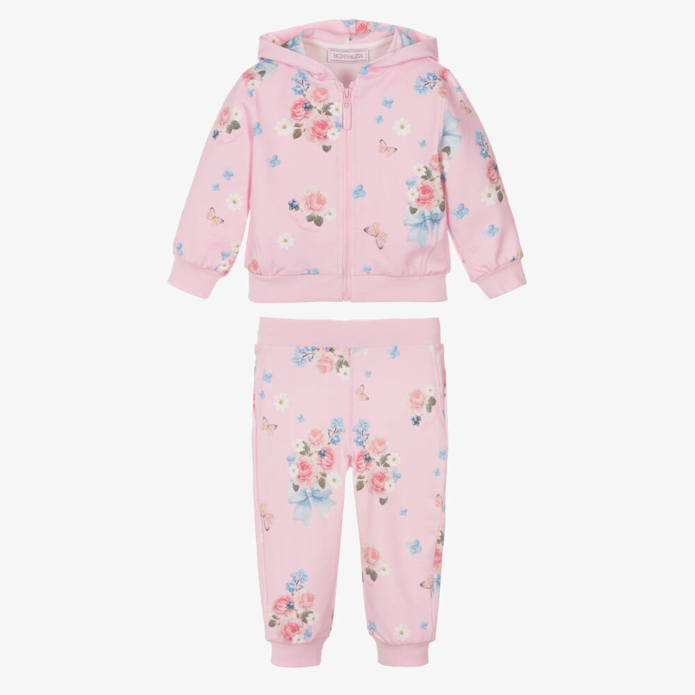 Monnalisa-بدلة رياضية قطن بطبعة ورود لون زهري للبنات | Childrensalon