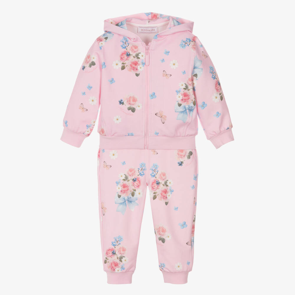 Monnalisa-Girls Pink Floral Print Cotton Tracksuit | Childrensalon