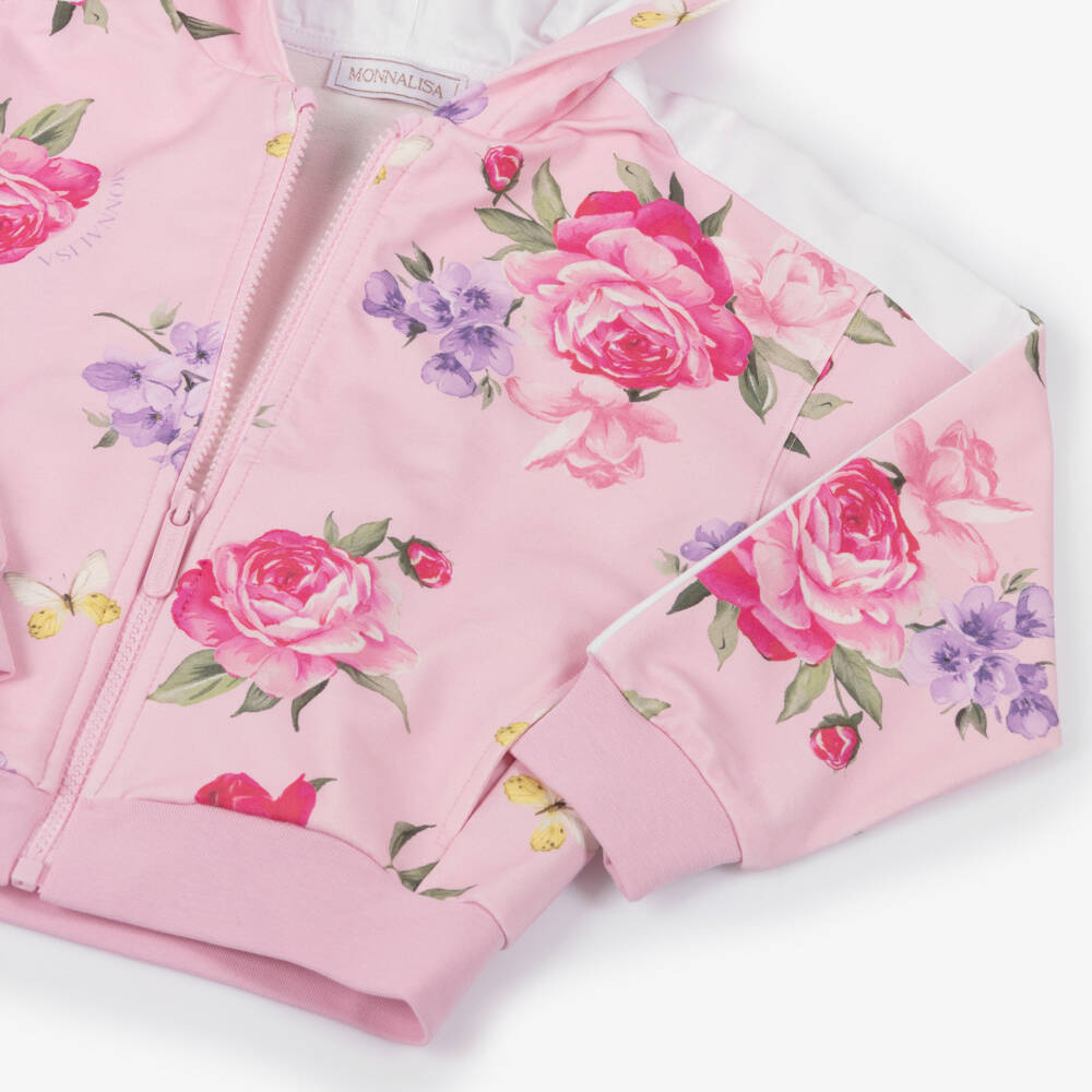 Monnalisa-Girls Pink Floral Print Cotton Zip-Up Hooded Top | Childrensalon
