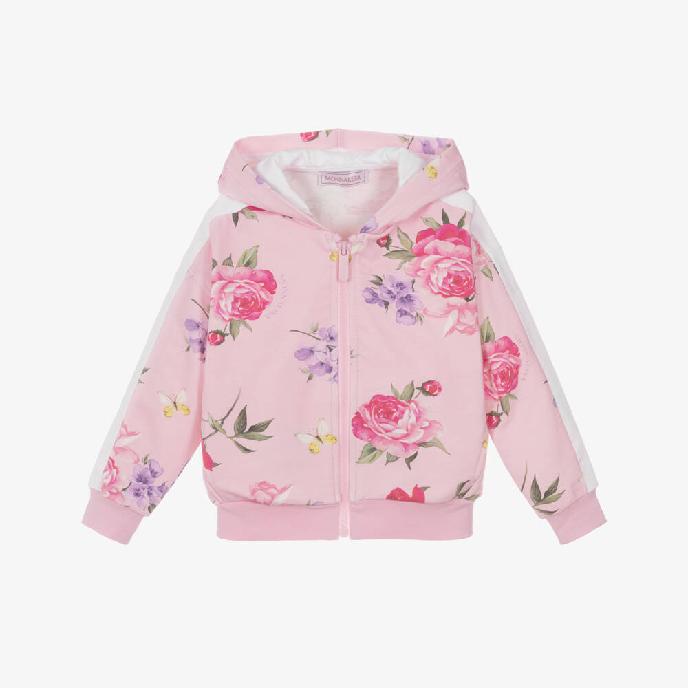 Monnalisa-Girls Pink Floral Print Cotton Zip-Up Hooded Top | Childrensalon