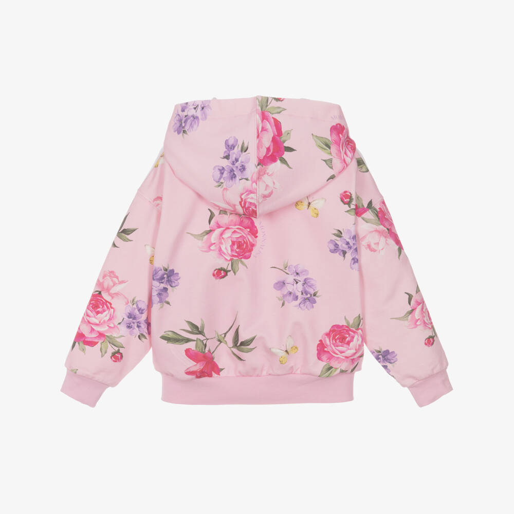 Monnalisa-Girls Pink Floral Print Cotton Zip-Up Hooded Top | Childrensalon