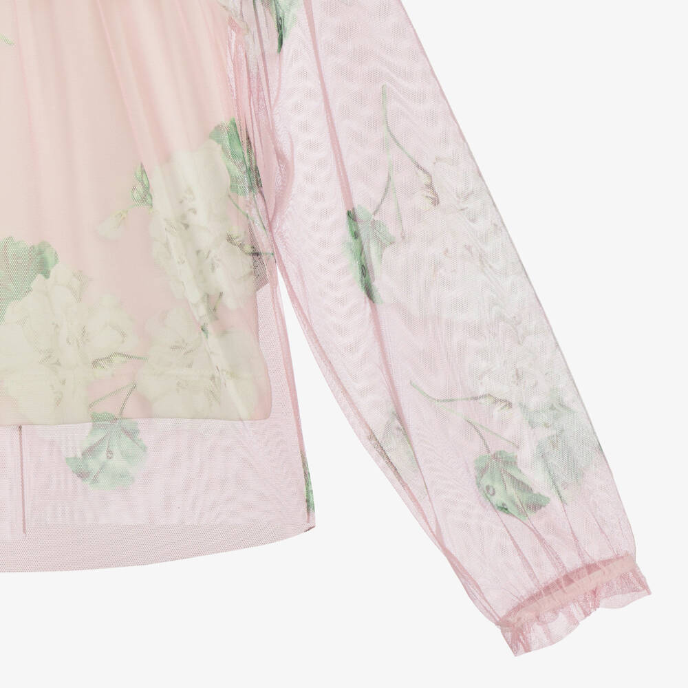 Monnalisa Chic-Girls Pink Floral Tulle Blouse with Sleeveless Jersey Top | Childrensalon