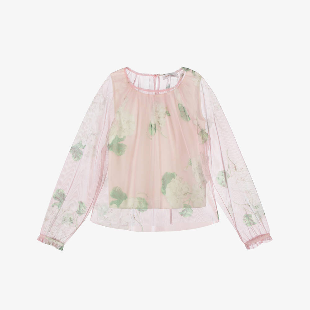 Monnalisa Chic-Girls Pink Floral Tulle Blouse with Sleeveless Jersey Top | Childrensalon