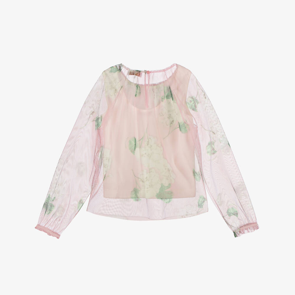 Monnalisa Chic-Girls Pink Floral Tulle Blouse with Sleeveless Jersey Top | Childrensalon