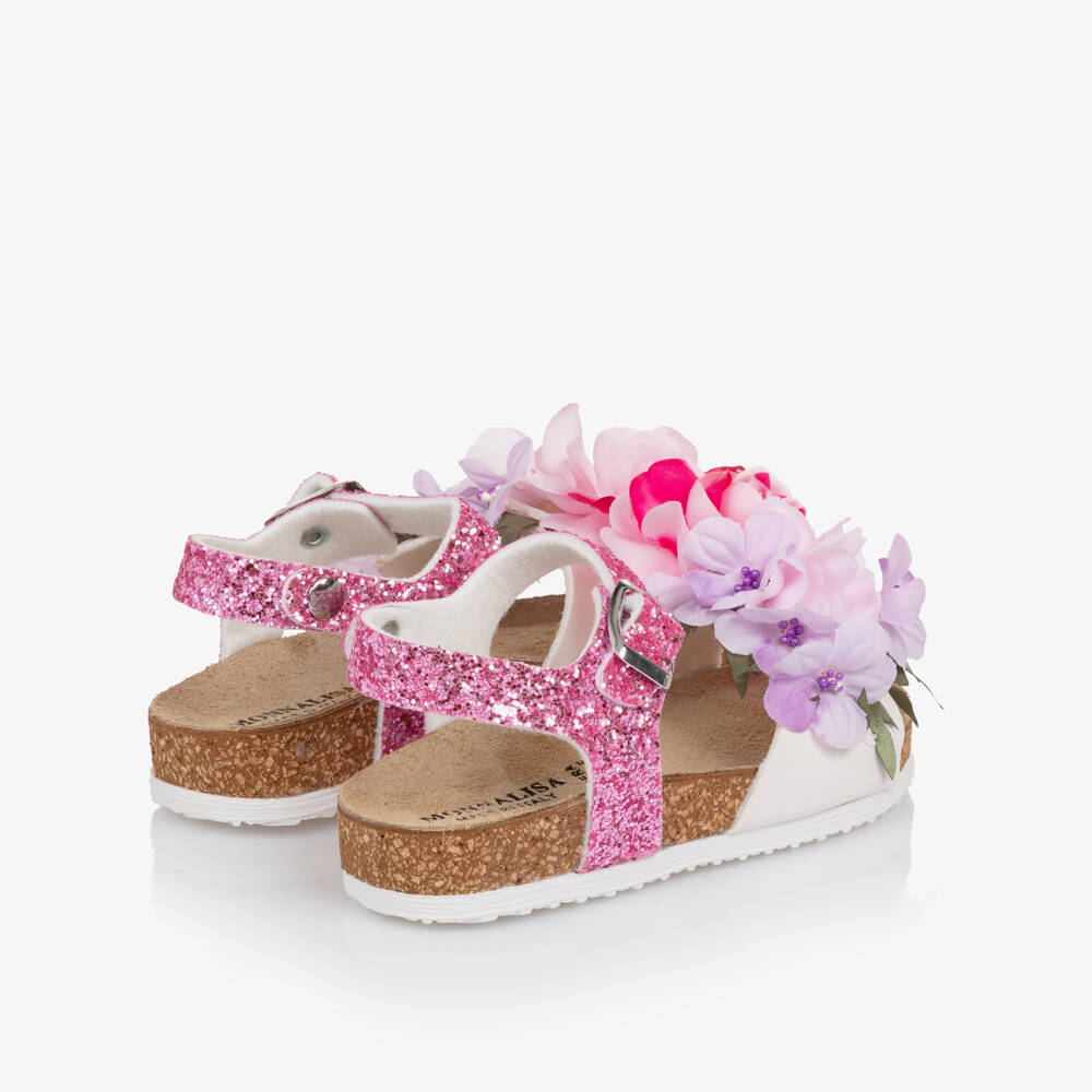 Monnalisa-Girls Pink Glitter & Floral Appliqué Sandals | Childrensalon
