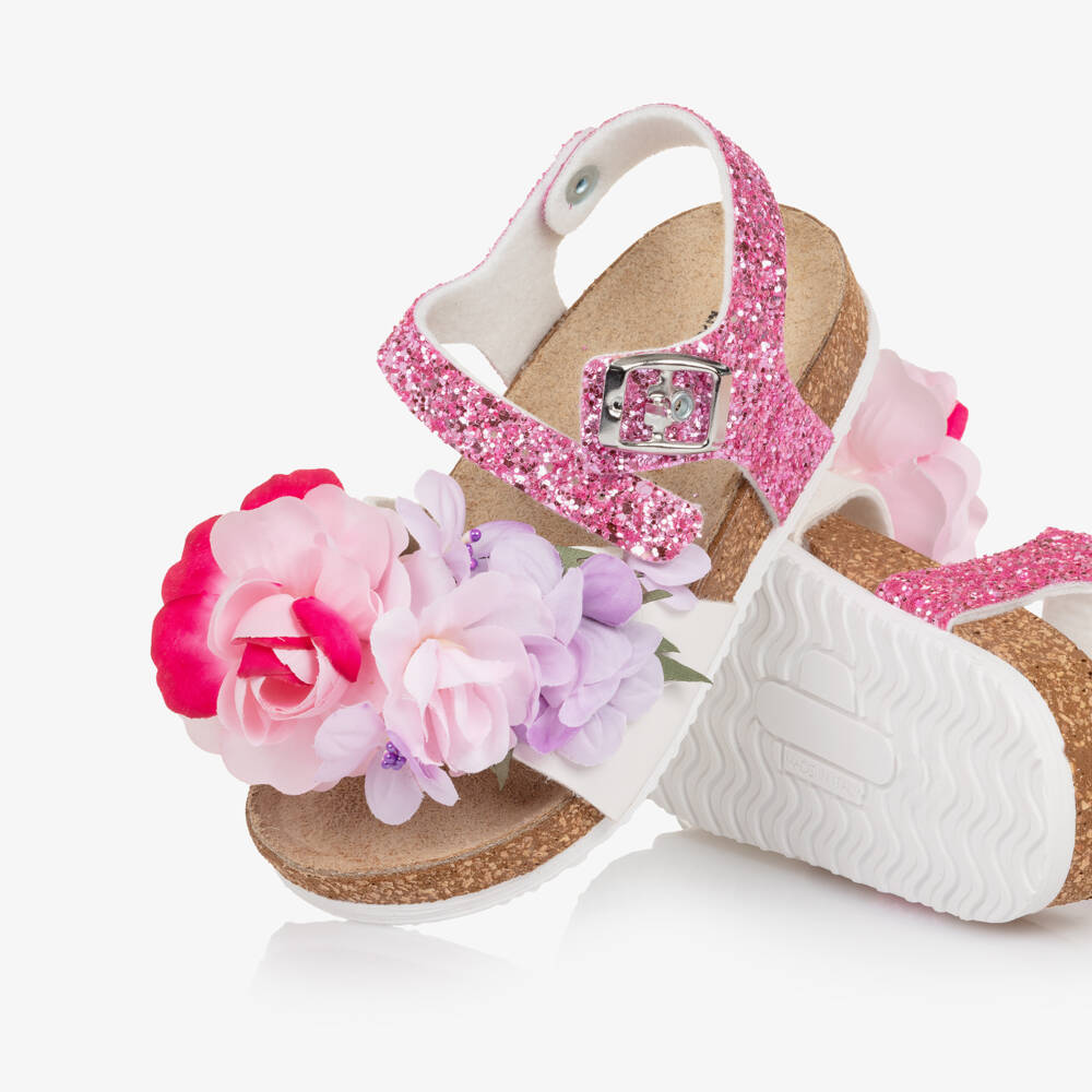 Monnalisa-Girls Pink Glitter & Floral Appliqué Sandals | Childrensalon