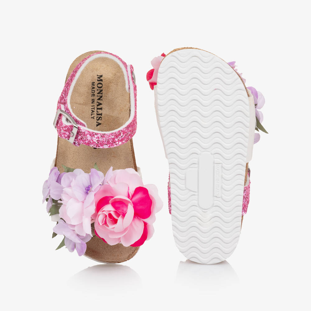 Monnalisa-Girls Pink Glitter & Floral Appliqué Sandals | Childrensalon