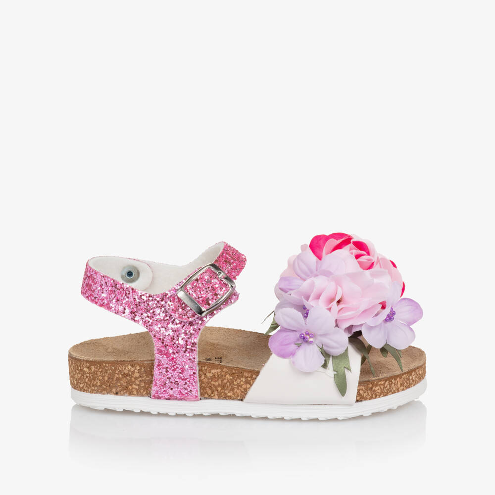 Monnalisa-Girls Pink Glitter & Floral Appliqué Sandals | Childrensalon
