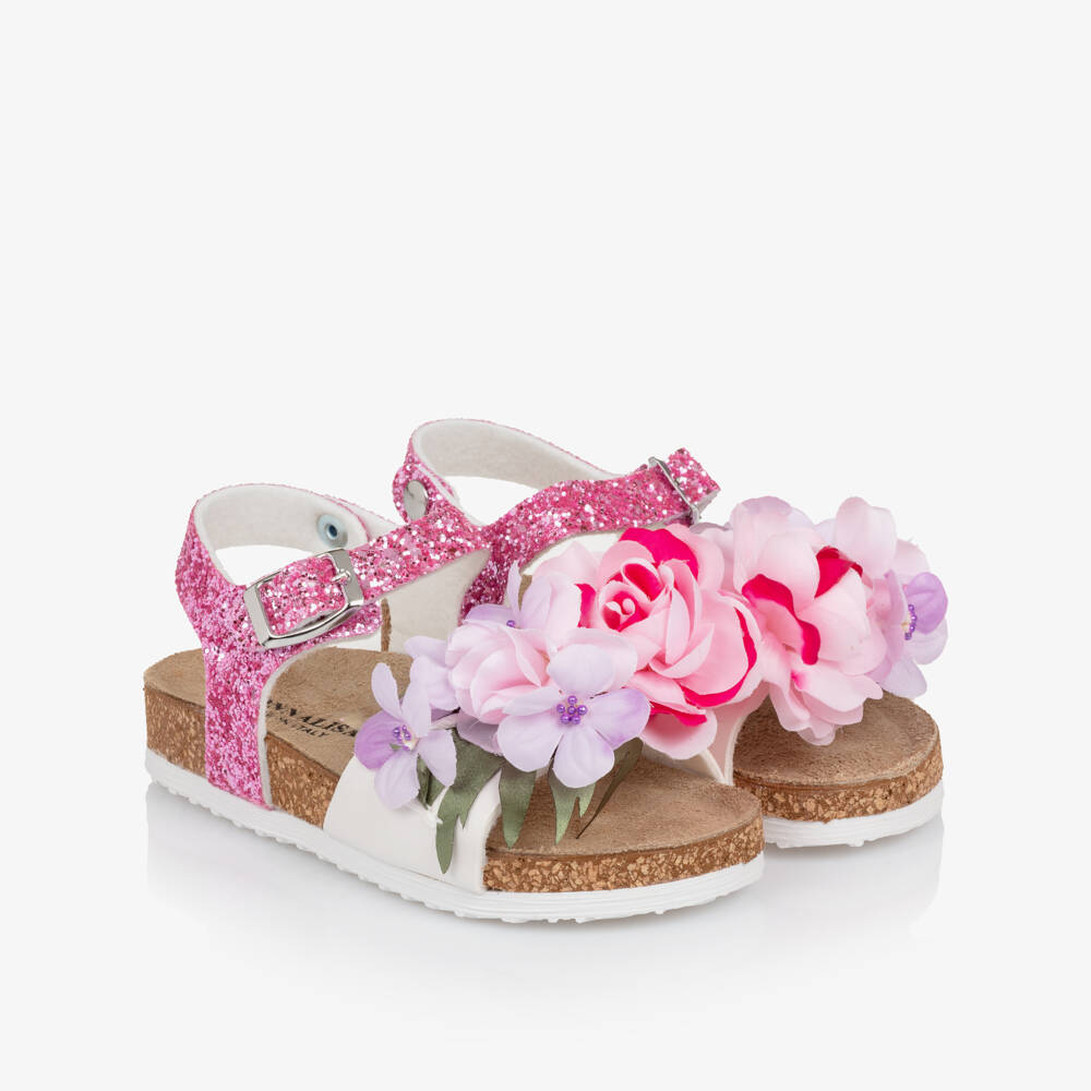 Monnalisa-Girls Pink Glitter & Floral Appliqué Sandals | Childrensalon